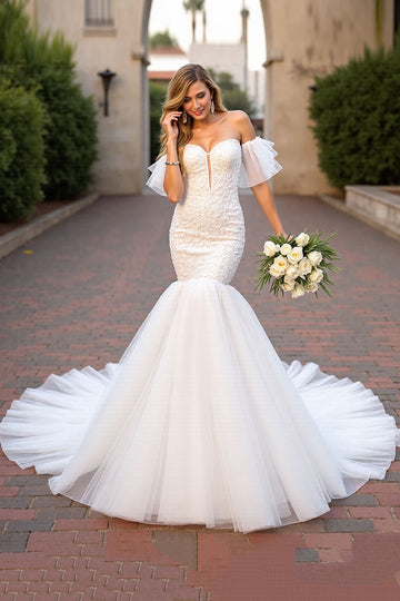 Off The Shoulder Mermaid Ivory Ruffled Wedding Dress